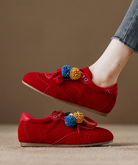 Suede Lace Up Splicing Red Flat Shoes