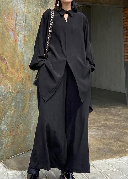 Suit Large Black Long Sleeve Shirt Wide Leg Pants Two Piece Set