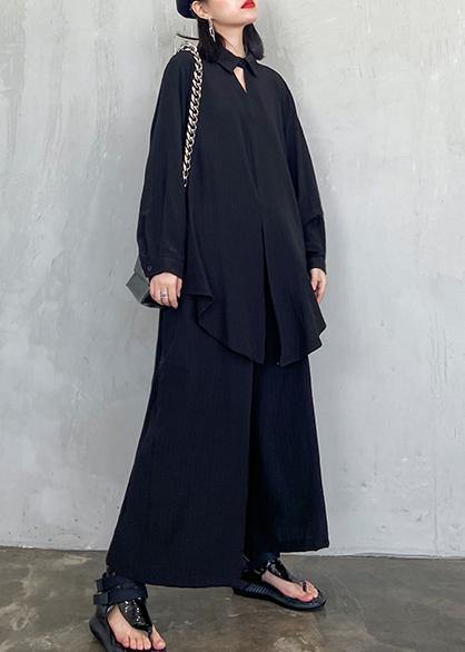 Suit Large Black Long Sleeve Shirt Wide Leg Pants Two Piece Set