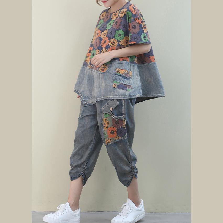 Summer New Loose Large Size Printed Washed Denim Suit