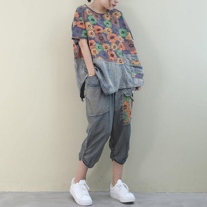 Summer New Loose Large Size Printed Washed Denim Suit