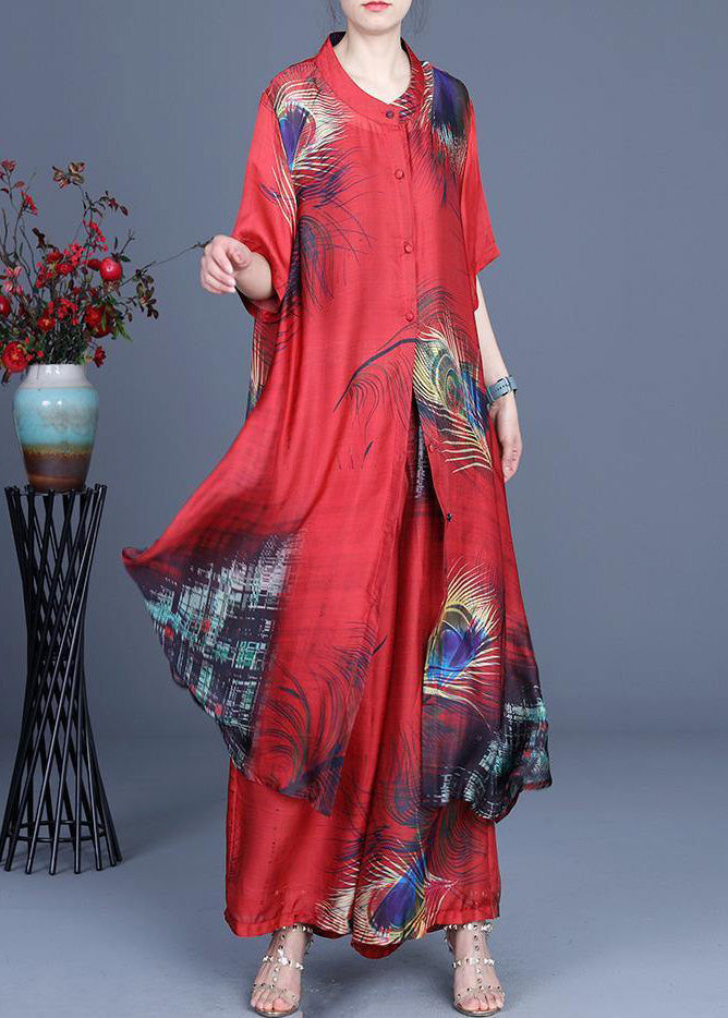 Summer Loose Silk Brown Geometry Print Coat + Two Piece Pants