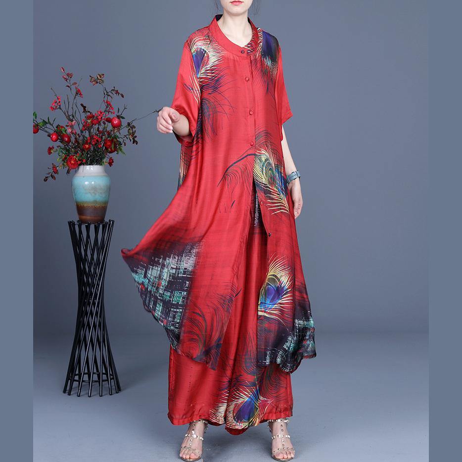 Summer Loose Silk Brown Geometry Print Coat + Two Piece Pants