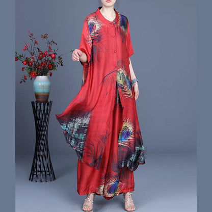 Summer Loose Silk Brown Geometry Print Coat + Two Piece Pants