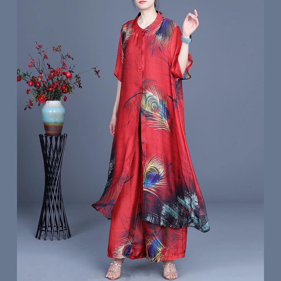 Summer Loose Silk Grey Flowers Print Coat + Two Piece Pants