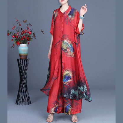 Summer Loose Silk Brown Geometry Print Coat + Two Piece Pants