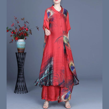 Summer Loose Silk Grey Flowers Print Coat + Two Piece Pants