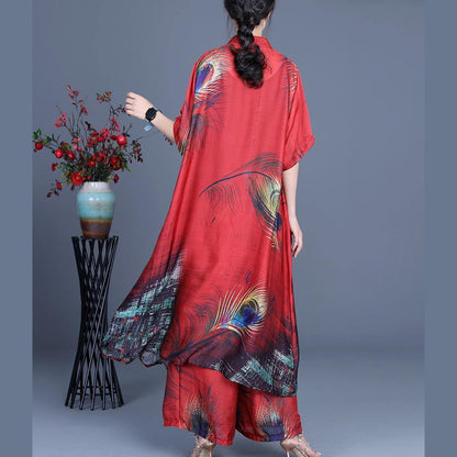 Summer Loose Silk Brown Geometry Print Coat + Two Piece Pants