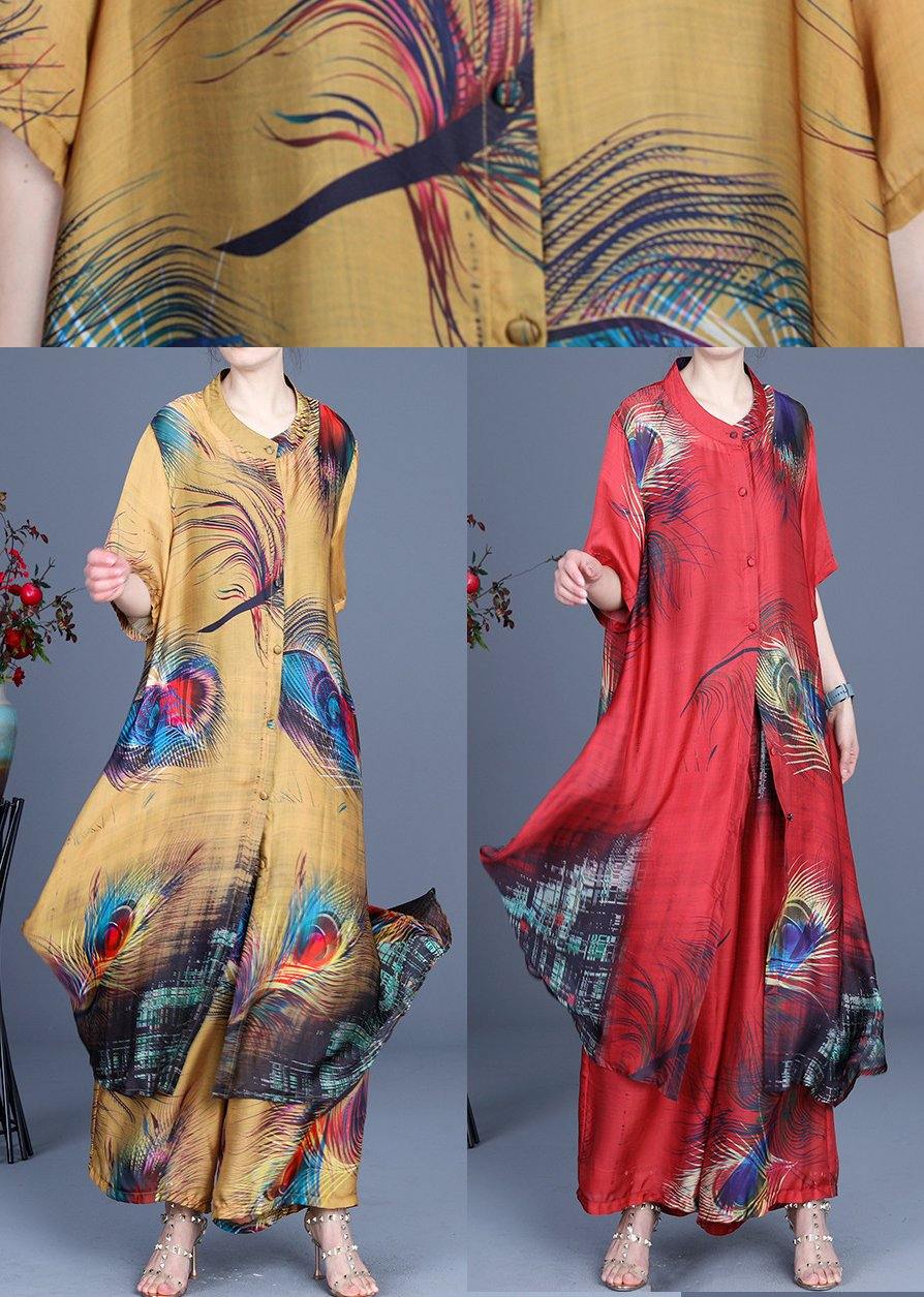 Summer Loose Silk Grey Flowers Print Coat + Two Piece Pants