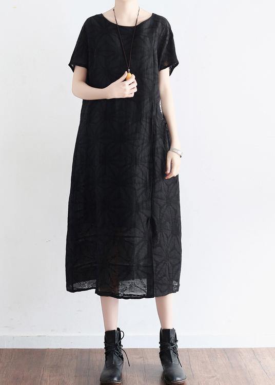 Summer Black Cotton Hemp Embroidered Oversized Dress