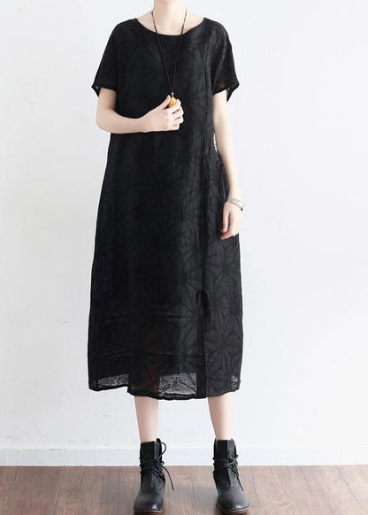 Summer Black Cotton Hemp Embroidered Oversized Dress