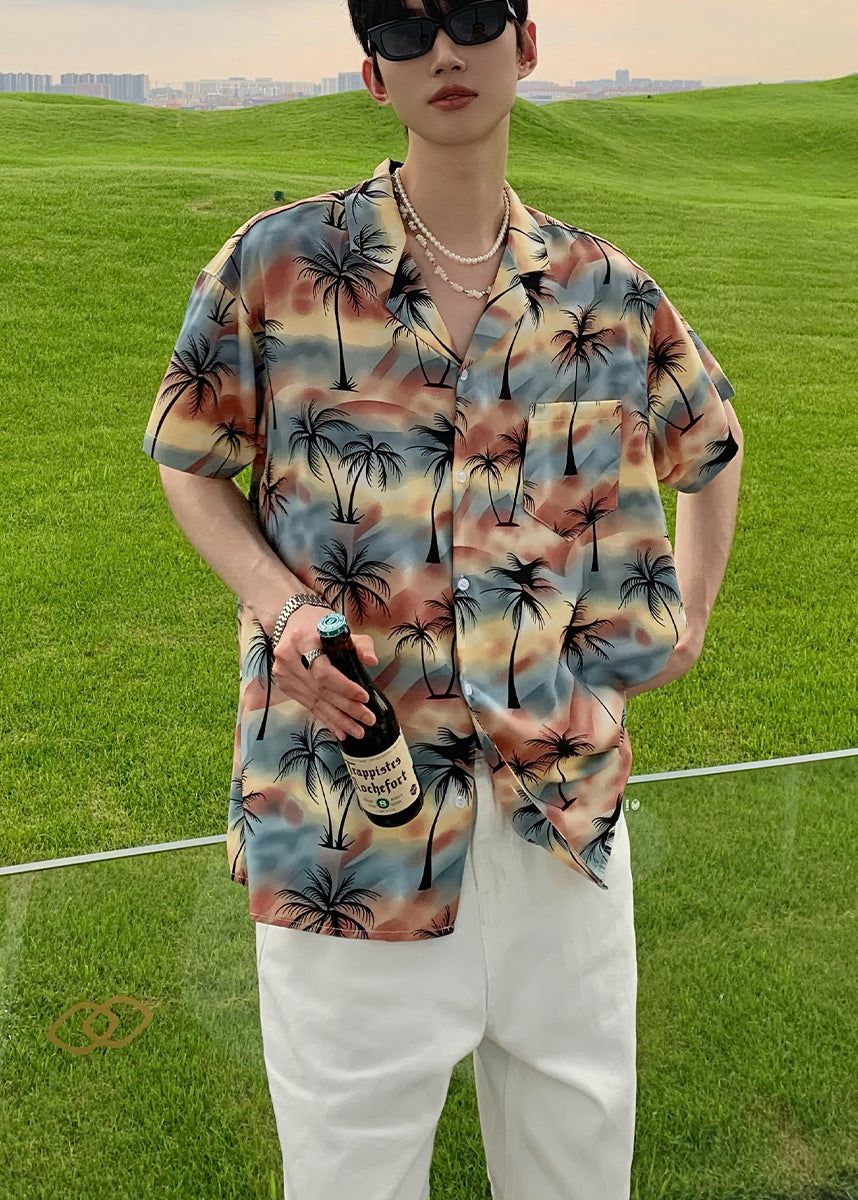 Summer Coconut Print Vacation Style Short Sleeved Shirt