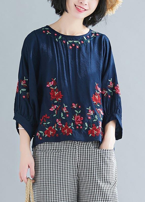 Summer Cotton Linen Navy O-neck Shirts
