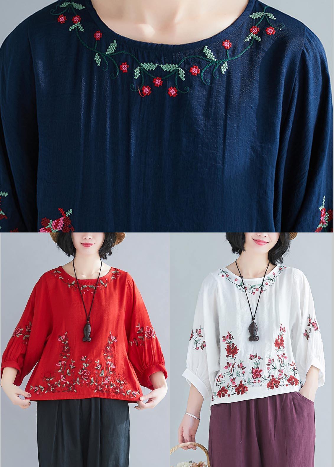 Summer Cotton Linen Navy O-neck Shirts
