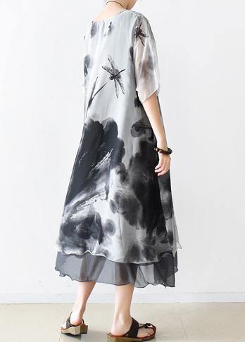 Summer Grey Print Chiffon Short Sleeve Dress