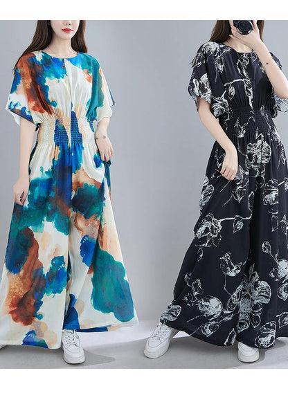Summer New Light Blue Print Close Waist Jumpsuit
