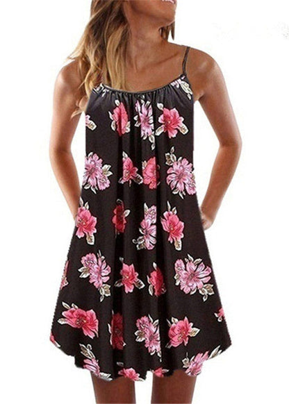 Summer New Pleated Swing Loose Purple Sling Print Dress