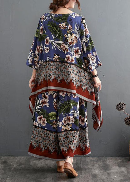 Summer Size Chiffon Hemp Retro Wide Leg Pants Two Piece Set
