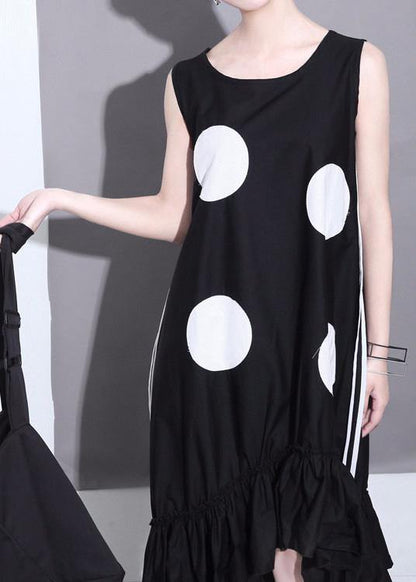 Summer Woman Black Sleeveless Large Dots Patches Ruffle Hem Straight Sundress