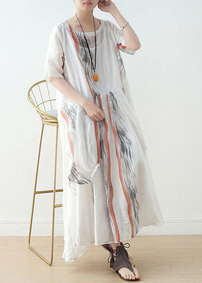 Summer White Chiffon Print O Neck Dress