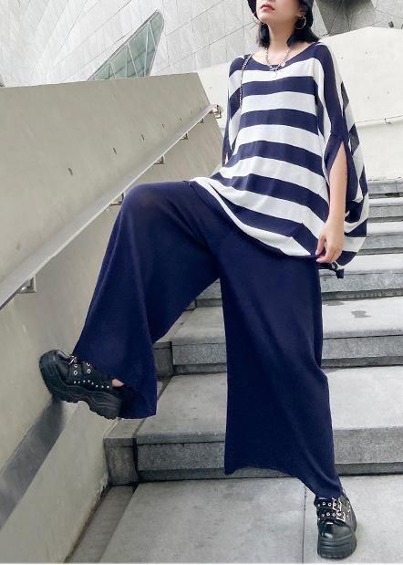 Summer Age Reduction Large Size Striped Bat Sleeve T-shirt + Wide Leg Pants Two-piece Suit