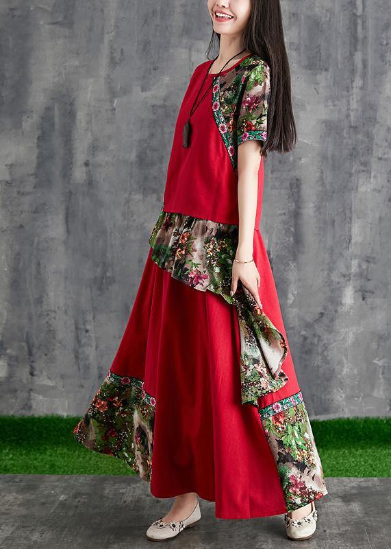 Summer Cotton Linen Color Stitching Small Fresh Chinese Body Temperament Red Print Two-piece