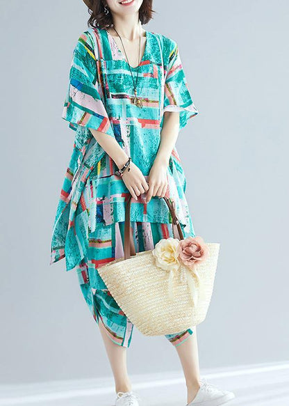 Summer Dress Art Green Print Shirt + Cotton and Linen Seven Points Pants
