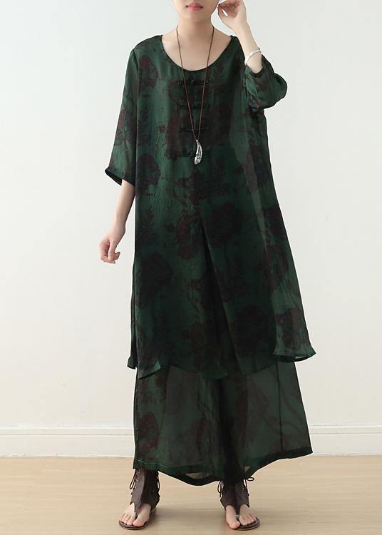 Summer Green Chinese Button Print O Neck Silk Satin Top Wide Leg Pants Two Piece