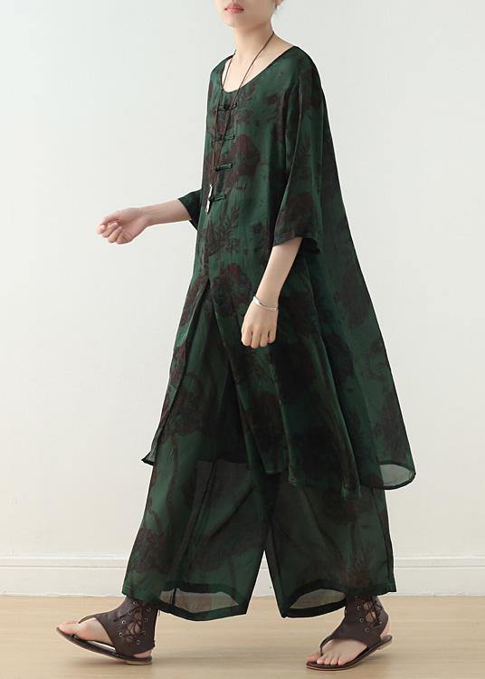 Summer Green Chinese Button Print O Neck Silk Satin Top Wide Leg Pants Two Piece