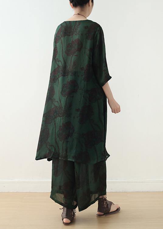 Summer Green Chinese Button Print O Neck Silk Satin Top Wide Leg Pants Two Piece