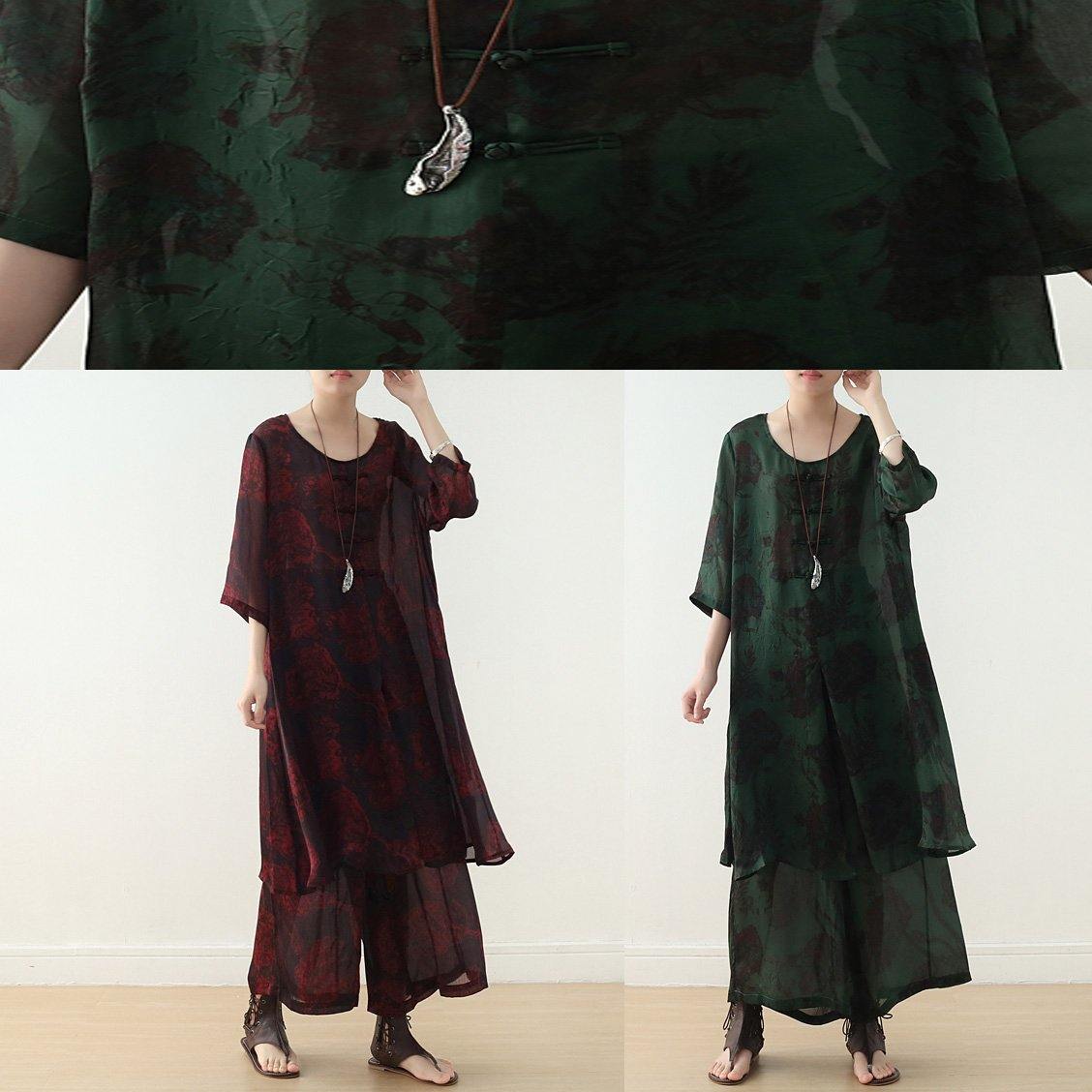 Summer Green Chinese Button Print O Neck Silk Satin Top Wide Leg Pants Two Piece