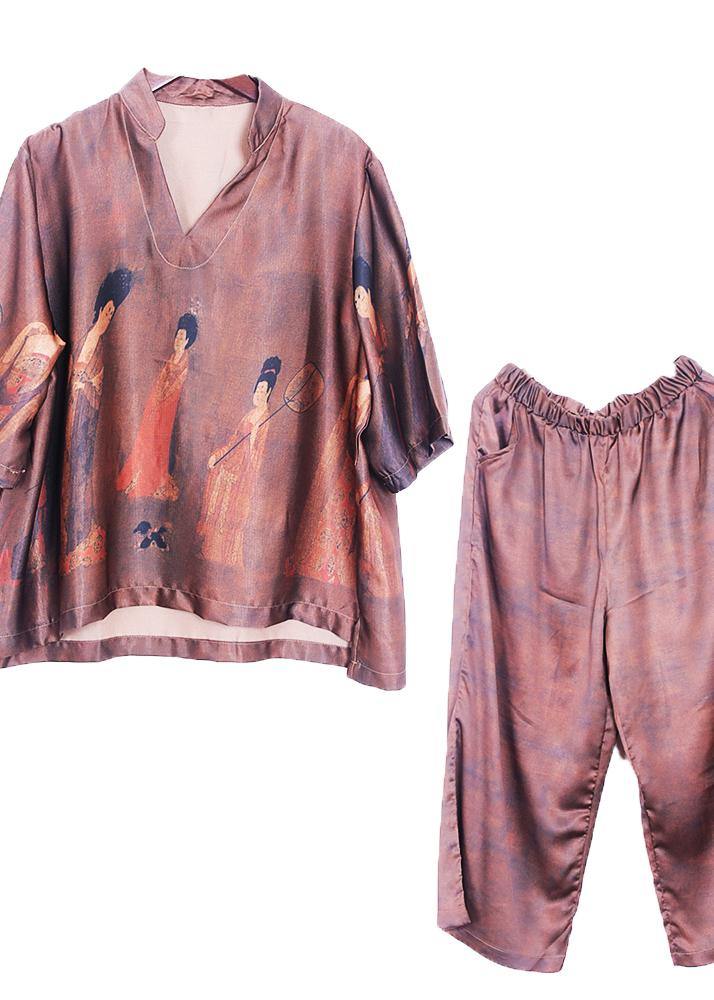 Summer New Brown Print Loose Loose Shirt + Wide Leg Pants Set