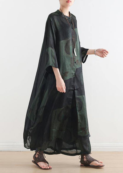 Summer New Green Print Suit Long Silk Wide-leg Pants Two-piece Suit