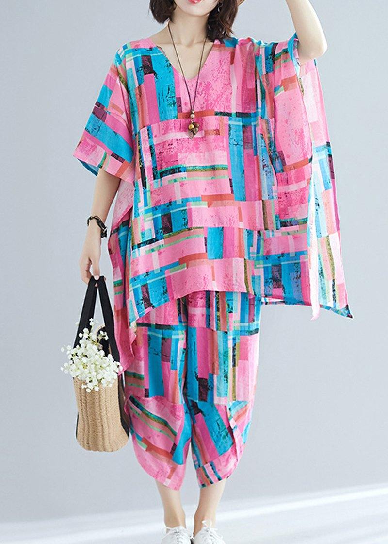 Summer New Large Size Art Pink Print Plus Long T-shirt + Cotton and Linen Seven Points Pants