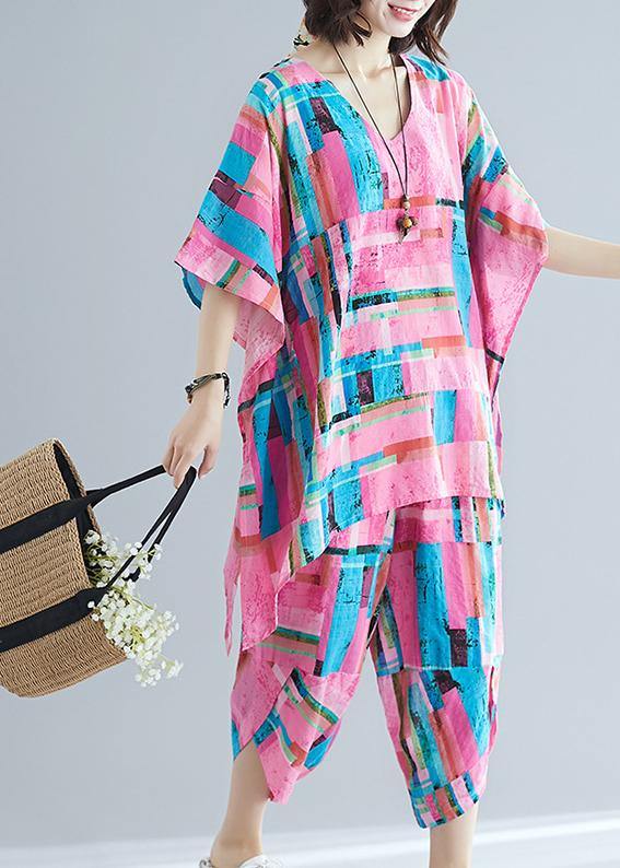 Summer New Large Size Art Pink Print Plus Long T-shirt + Cotton and Linen Seven Points Pants