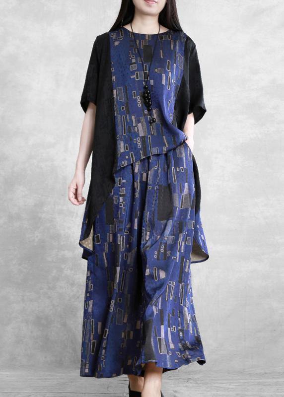 Summer New Stitching Suit Wide Irregular Blue Printing Two-piece