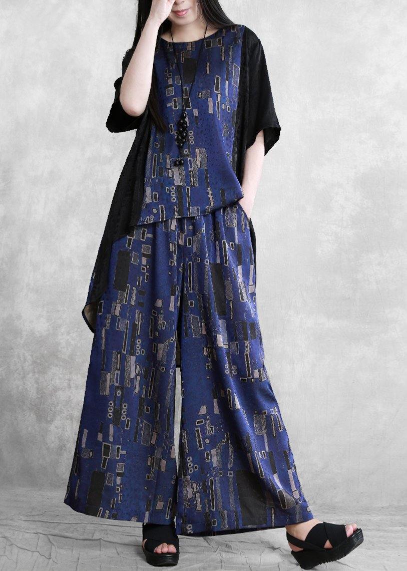 Summer New Stitching Suit Wide Irregular Blue Printing Two-piece