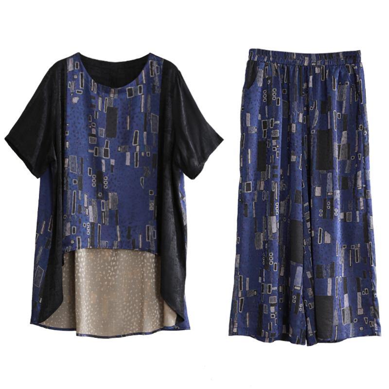 Summer New Stitching Suit Wide Irregular Blue Printing Two-piece