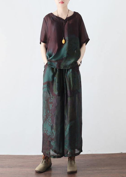 Summer New Retro Green Printed Chiffon Two-piece High-end Foreign Style Suit