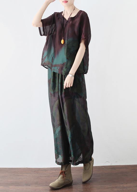 Summer New Retro Green Printed Chiffon Two-piece High-end Foreign Style Suit