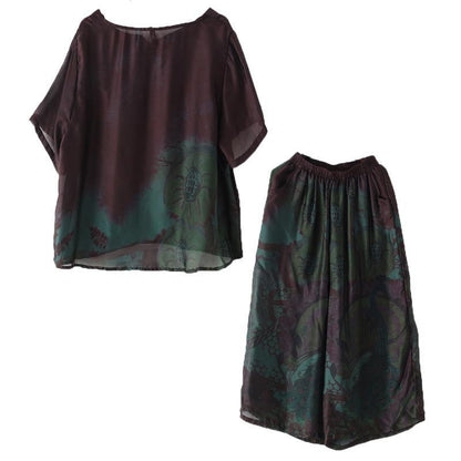 Summer New Retro Green Printed Chiffon Two-piece High-end Foreign Style Suit