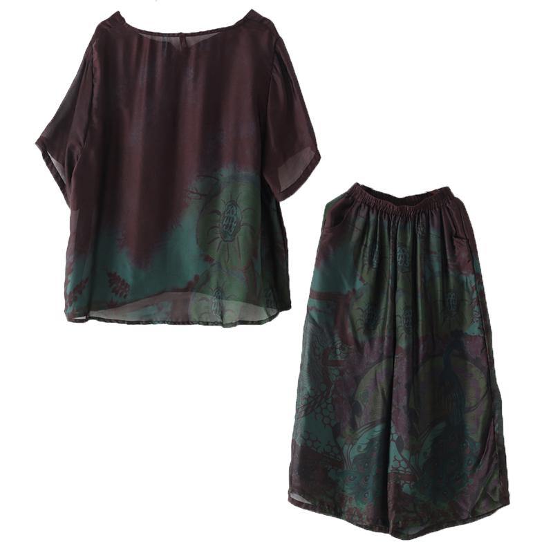 Summer New Retro Green Printed Chiffon Two-piece High-end Foreign Style Suit