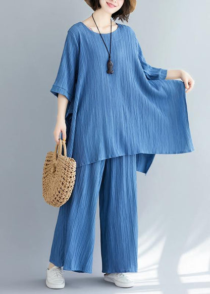 Summer New Color Retro Blue Jacquard Cotton Sleeves Shirt
