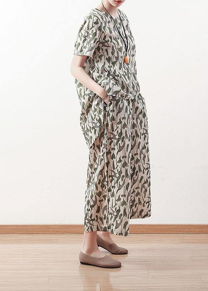 Summer Original Design Green Short Sleeve Prints Linen Print Shirt Pants Two Pieces