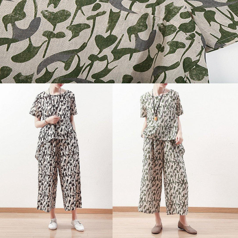 Summer Original Design Green Short Sleeve Prints Linen Print Shirt Pants Two Pieces