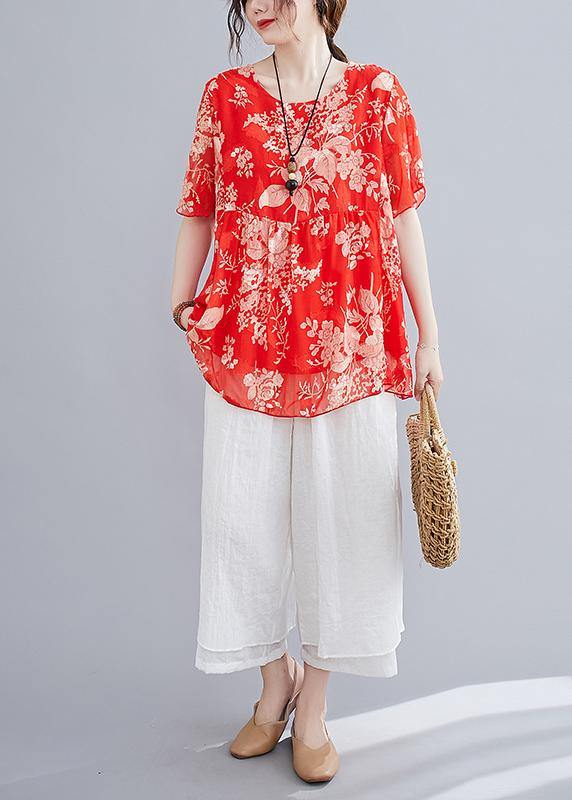 Summer Red Small Cotton and Linen Top + Wide-leg Pants Suit