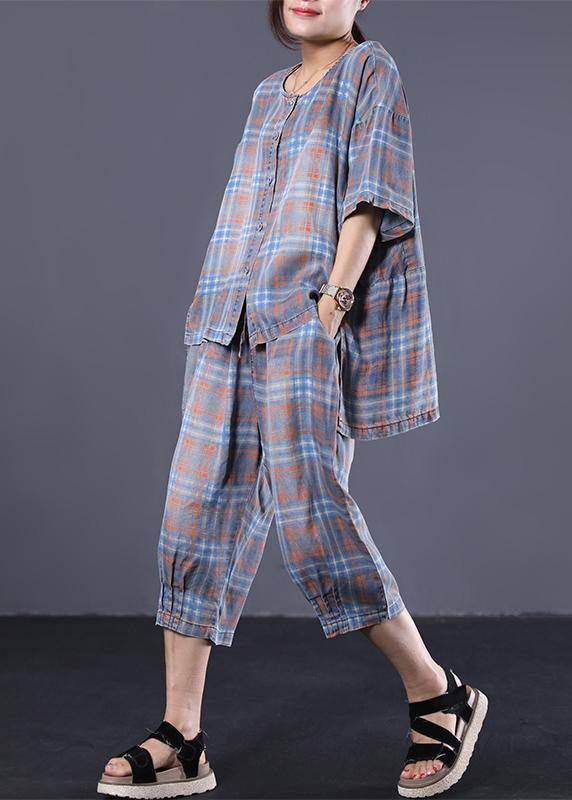 Summer Retro Plaid Shirt Denim Two Pieces