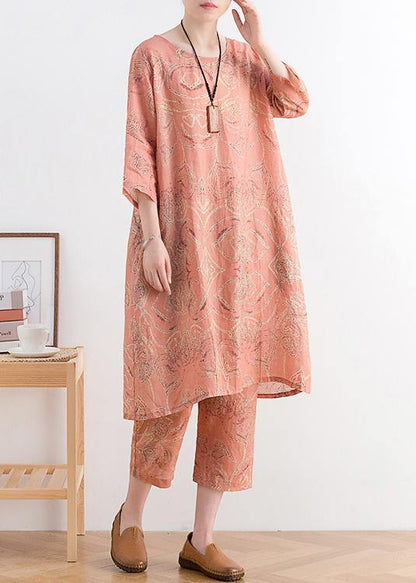 Summer Wear New Retro Ramie Abstract Print Dress Harem Pants Suit Two Pieces