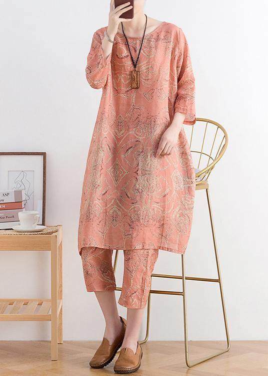 Summer Wear New Retro Ramie Abstract Print Dress Harem Pants Suit Two Pieces