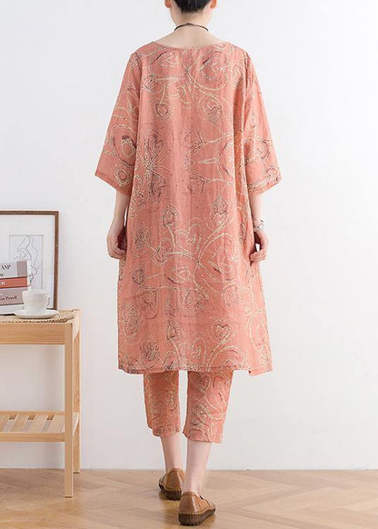 Summer Wear New Retro Ramie Abstract Print Dress Harem Pants Suit Two Pieces